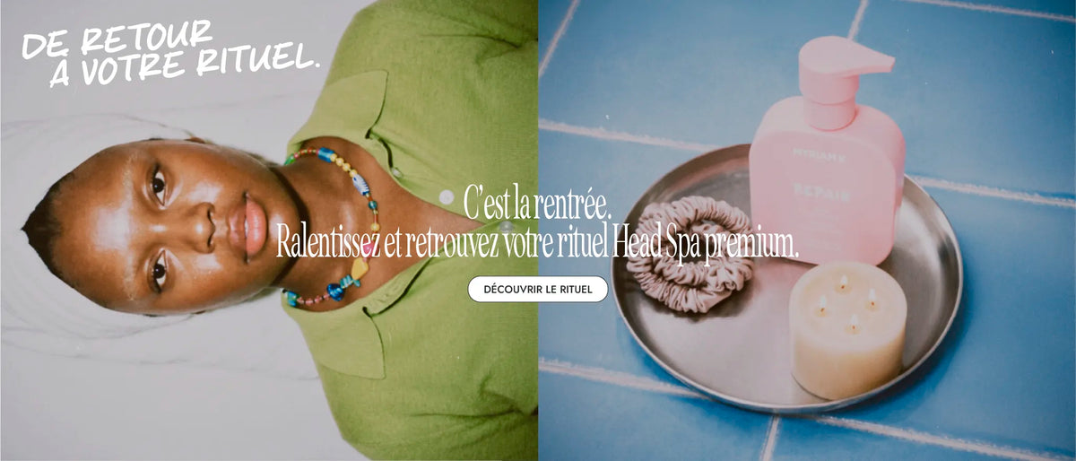 Bannière du rituel Head Spa premium Myriam K Paris avec un enfant et une ambiance relaxante autour du soin capillaire, avec le masque Repair, un chouchou et une bougie.
