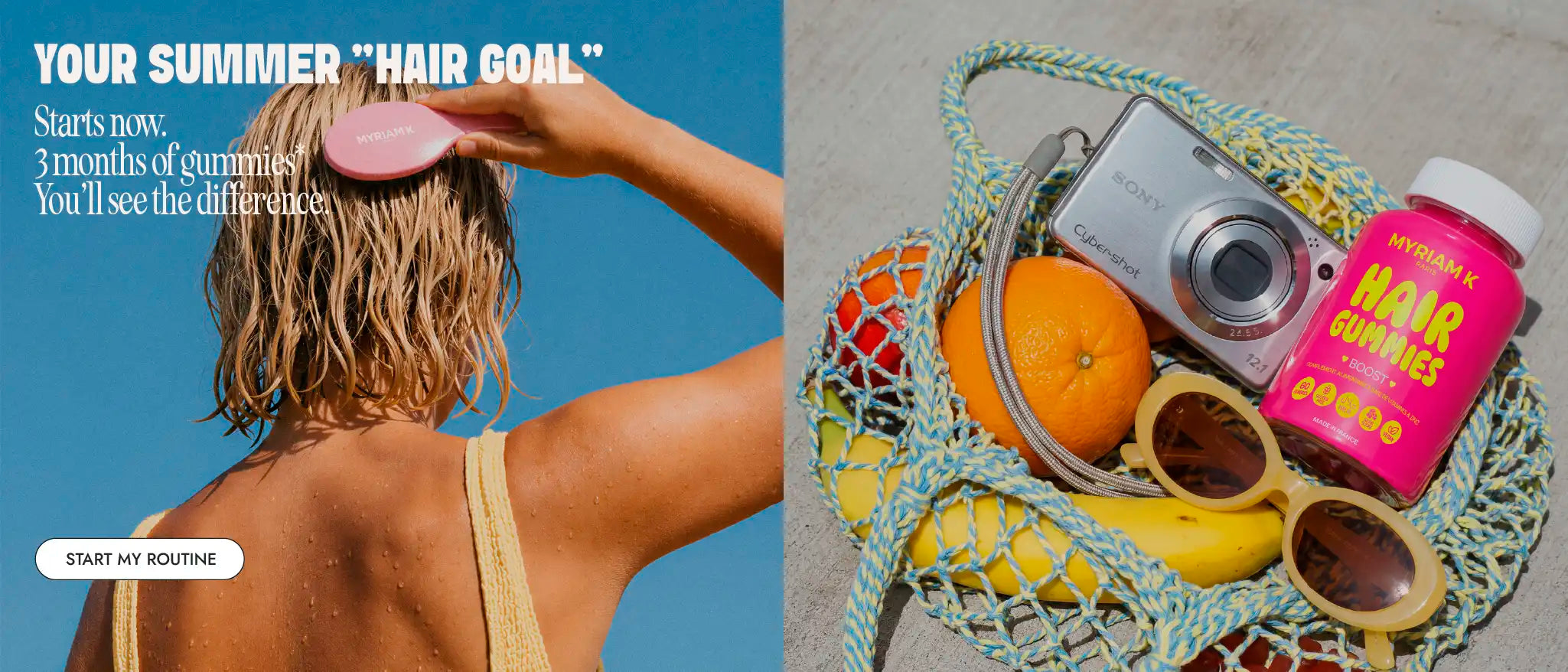 Woman brushing wet hair under the sun alongside Myriam•K Paris Hair Gummies. Summer lifestyle scene featuring a beach bag, fruit and camera.