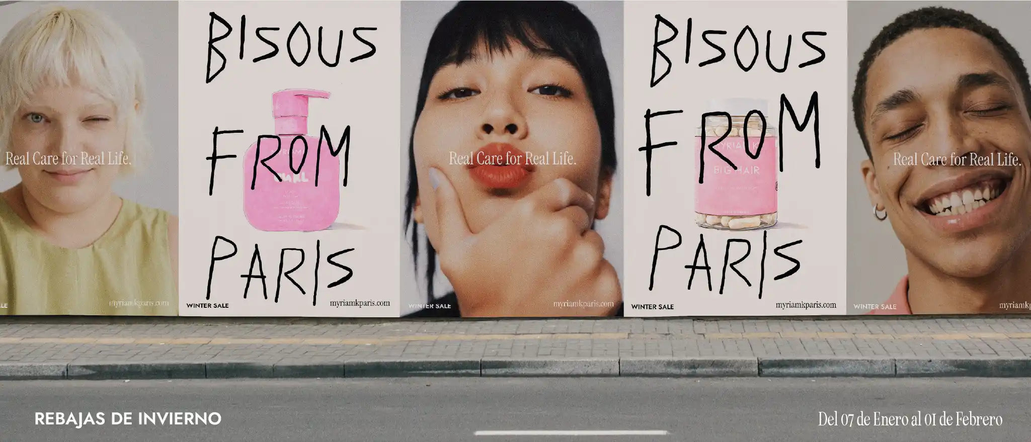 Banner de Rebajas de Invierno Myriam K Paris con modelos sonrientes y productos capilares profesionales en tonos rosados, campaña de belleza capilar del 7 de enero al 1 de febrero.