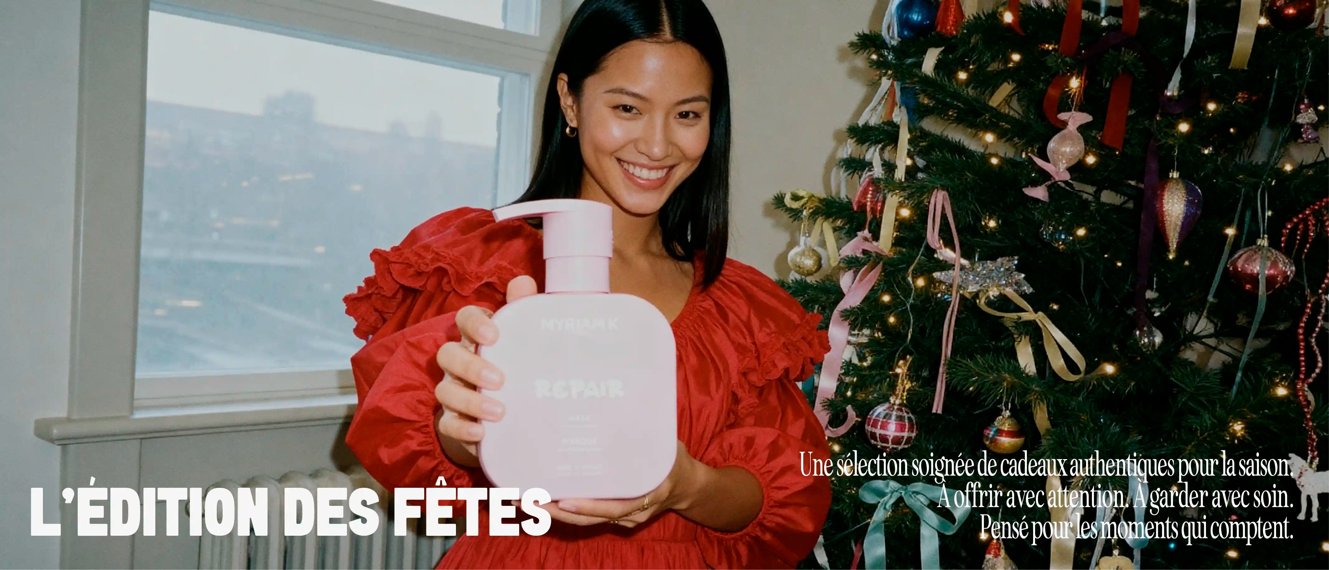 Bannière Myriam K Paris – L’Édition des Fêtes, sélection de soins capillaires professionnels à offrir pour les fêtes, produits de soin cheveux élégants et performants.