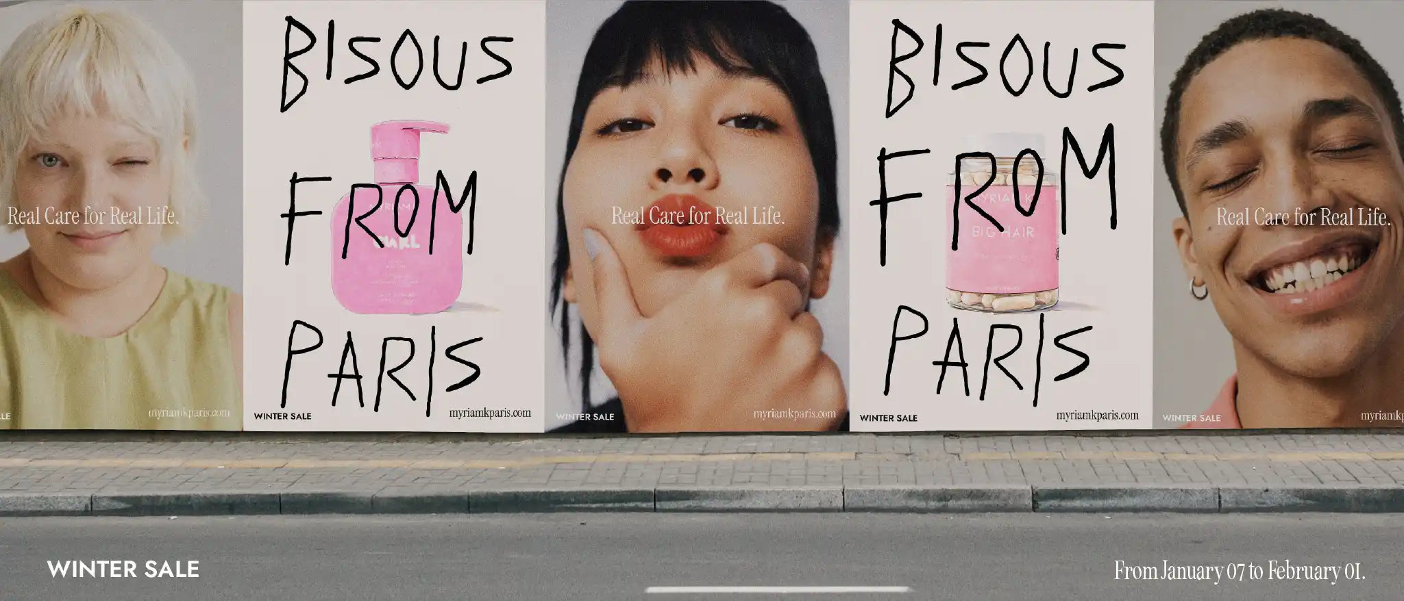 Myriam K Paris Winter Sale desktop banner featuring smiling models and pink professional hair care products, premium hair beauty campaign from January 7 to February 1.