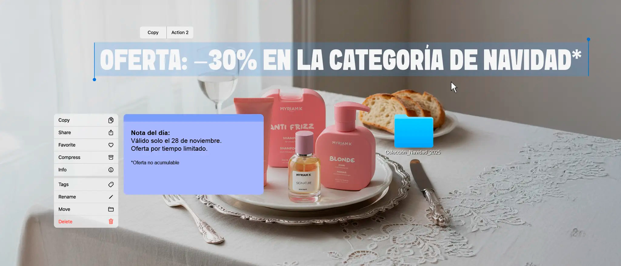 Banner de Myriam K Paris Navidad con 30% de descuento en la categoría de Navidad y productos capilares destacados.