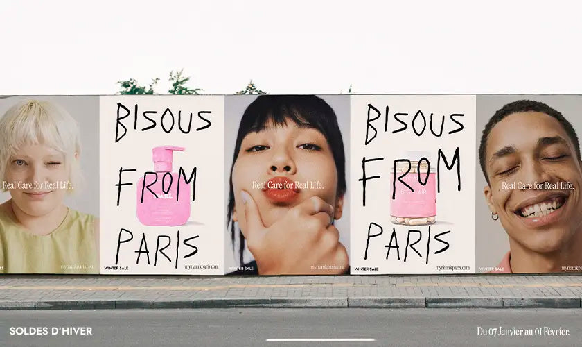 Collection Soldes d’Hiver Myriam K Paris mettant en avant des soins capillaires professionnels iconiques, des visages naturels et une esthétique parisienne, en promotion pour la saison hivernale.