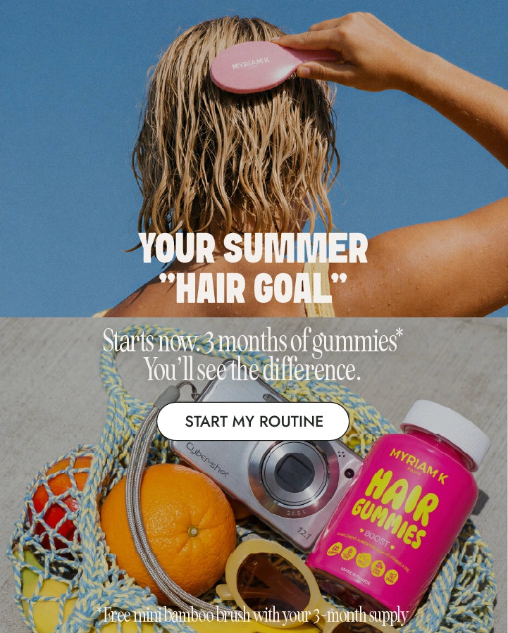 Summer hair preparation featuring a woman with wet hair and Myriam•K Paris Hair Gummies. Bright beach-inspired holiday atmosphere.