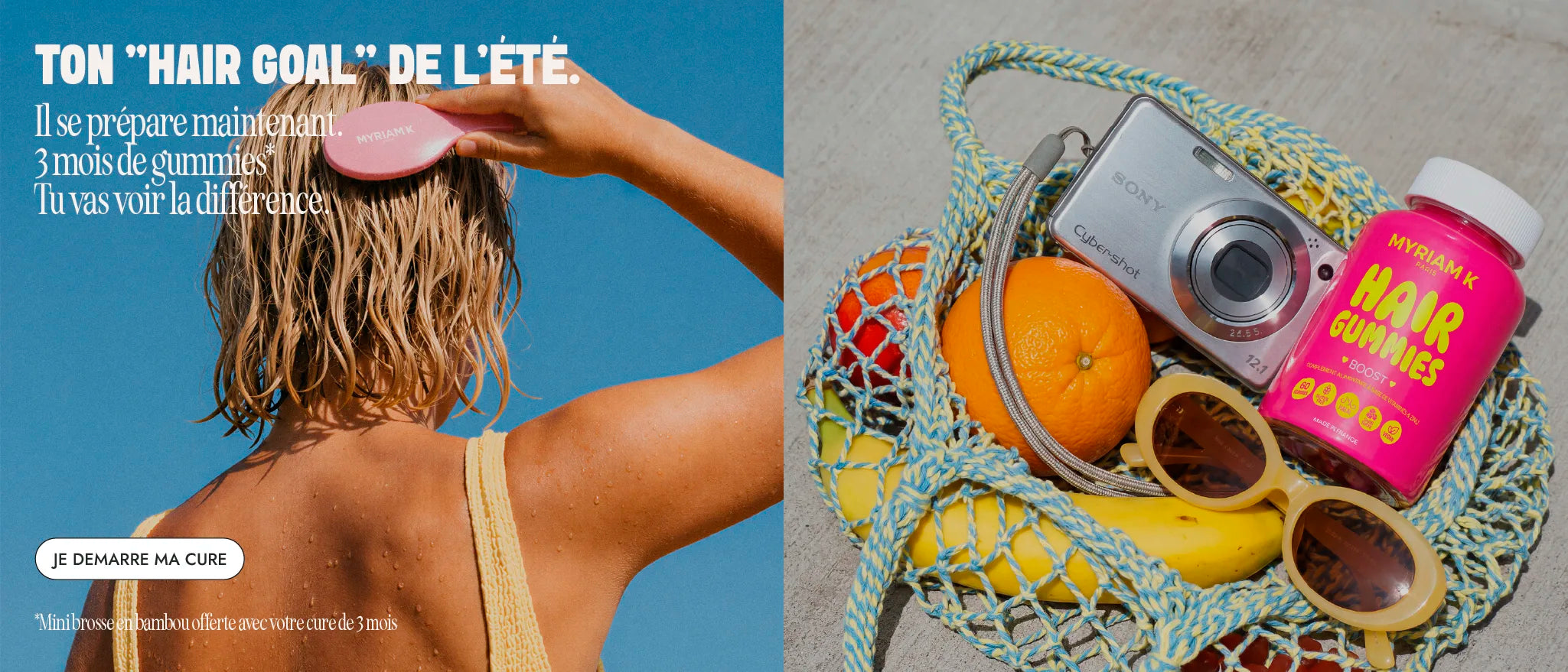Femme aux cheveux mouillés se brossant les cheveux sous le soleil avec les Hair Gummies Myriam•K Paris. Visuel estival avec sac de plage, fruits et appareil photo.