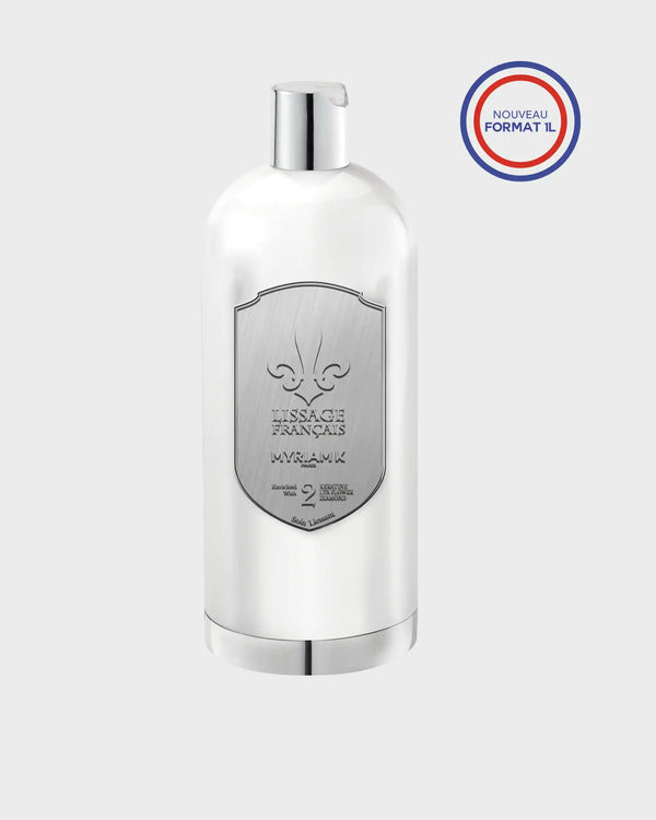 Lissage Français® 1L par Myriam K Paris, soin lissant professionnel sans formol pour cheveux lisses et soyeux.