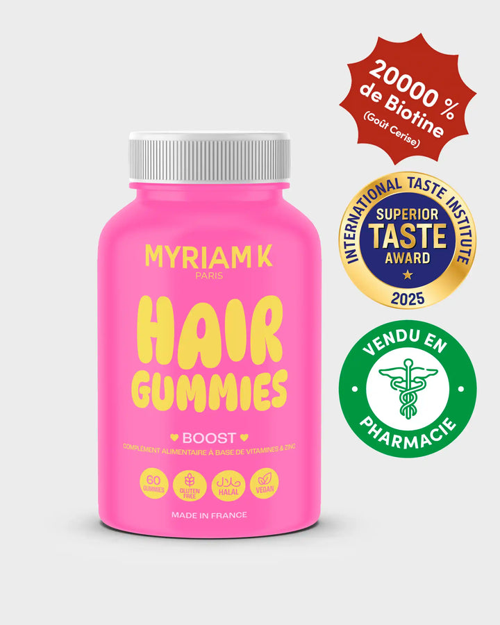 Love Gummies Hair Vitamins 30 jours de Myriam•K Paris : gummies vegan à la biotine ultra-dosée (20 000 %), enrichies en vitamines B5, B6, B9, B12, A, C, E et zinc. Complément alimentaire pour cheveux fins, favorisant la pousse, la densité et la brillance. Sans gluten, sans colorants artificiels, fabriqué en France.