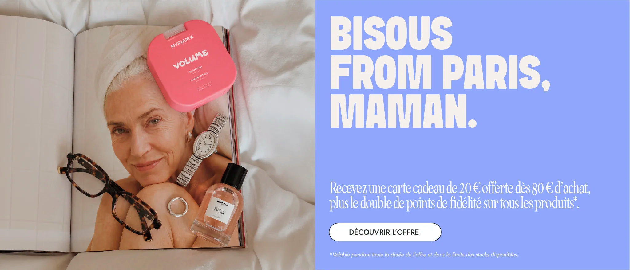 Bannière desktop Myriam K Paris Fête des Mères montrant une femme souriante entourée de produits beauté et accessoires avec une offre de carte cadeau de 20€ offerte dès 80€ d’achat.