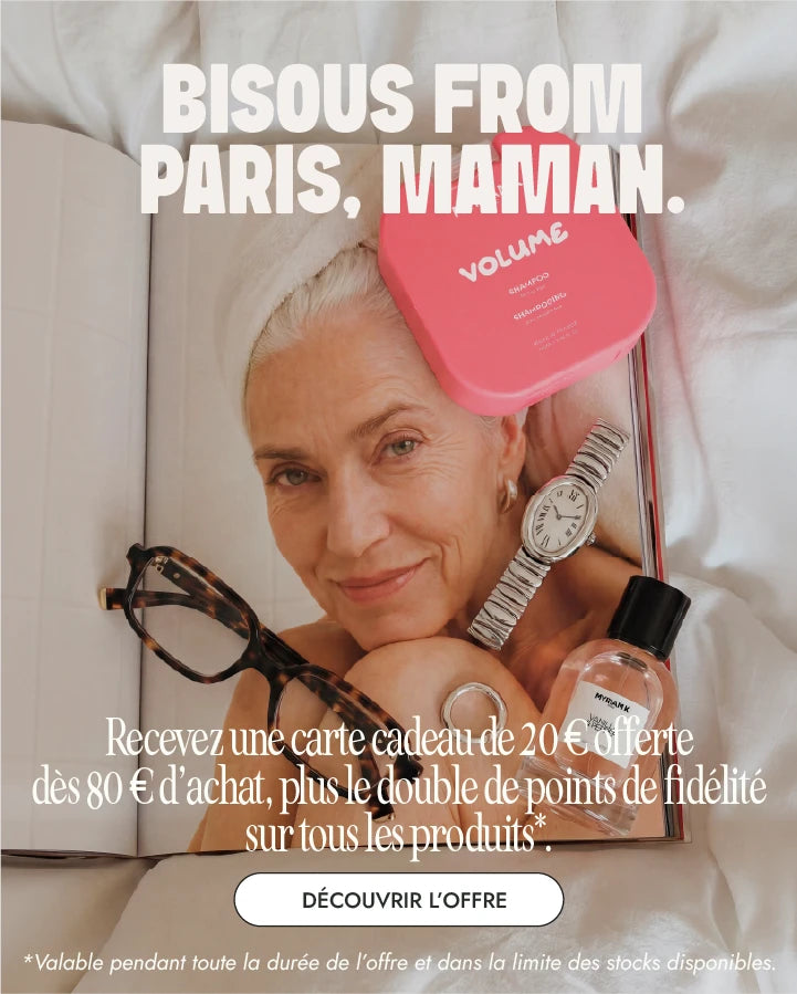 Bannière mobile Myriam K Paris Fête des Mères avec une femme souriante entourée de produits beauté et accessoires et une offre de carte cadeau de 20€ offerte dès 80€ d’achat.