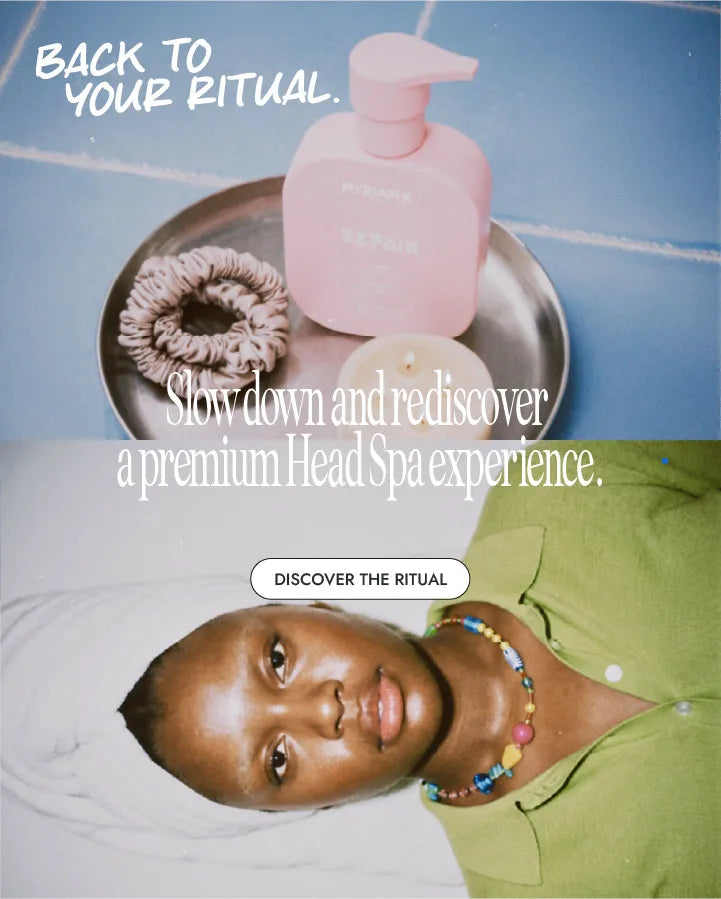 Premium Head Spa hair care ritual by Myriam K Paris with Repair mask, scrunchie and candle, promoting a relaxing back-to-routine moment.