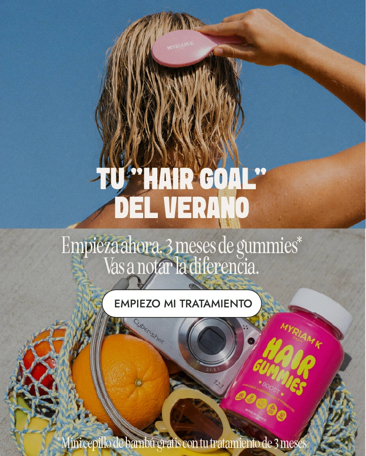 Preparación capilar para el verano con una mujer de cabello mojado y Hair Gummies de Myriam•K Paris. Ambiente de playa y vacaciones.