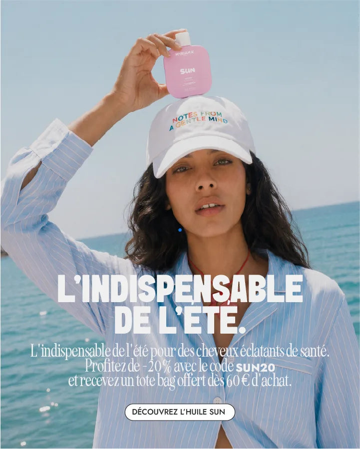 Sun Hair Oil Myriam K Paris présentant une offre estivale avec -20 % grâce au code SUN20.