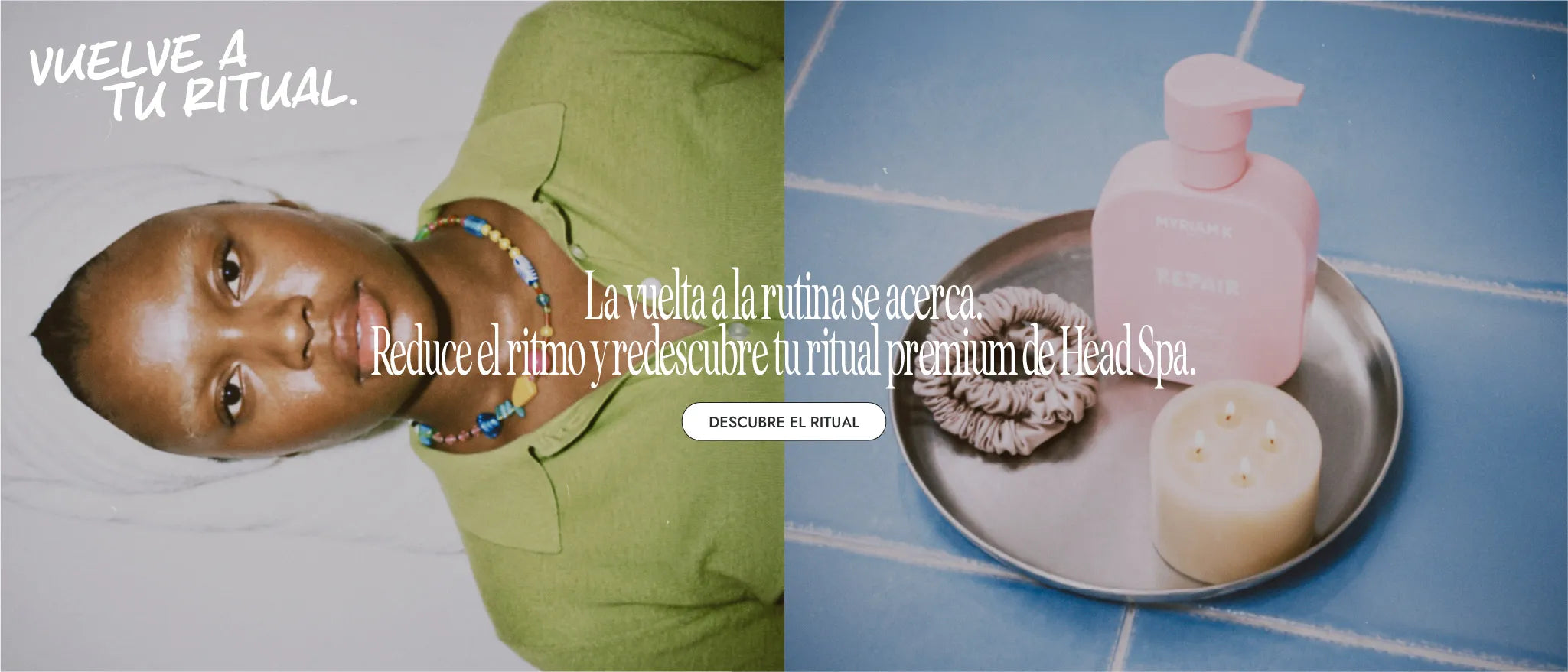 Banner del ritual Head Spa premium de Myriam K Paris con un niño y un ambiente relajante de cuidado capilar con champú Repair, coletero y vela.