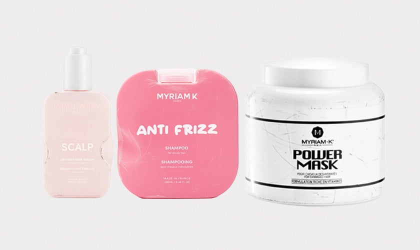 Collection Anti-Gaspi Myriam•K : soins capillaires à prix mini avec défauts d’emballage — flacons rayés, étiquettes pliées — qualité du produit intacte, livraison France / internationale.