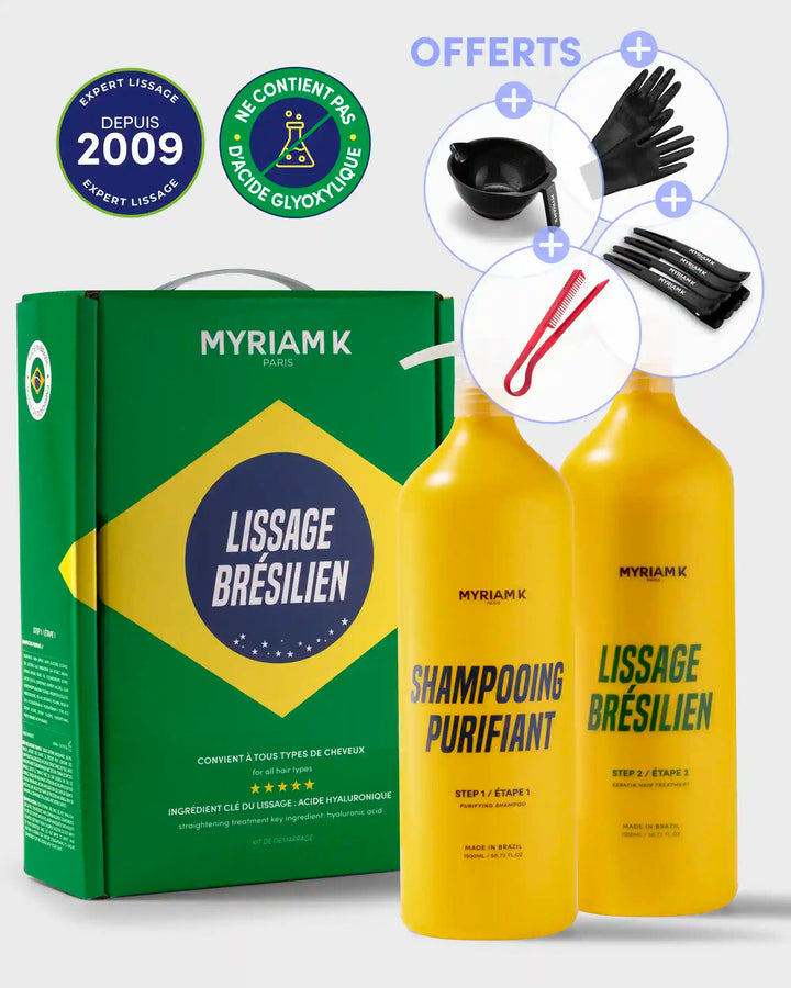 Goodies offerts avec le lissage brésilien 1,5 L Myriam K Paris – soin lissant kératine, contrôle des frisottis, brillance miroir