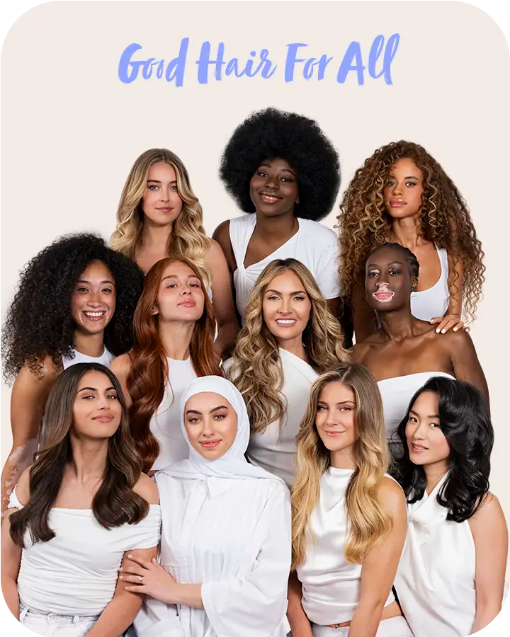 Myriam entourée de femmes de différentes origines ethniques, symbolisant la beauté inclusive et la diversité.