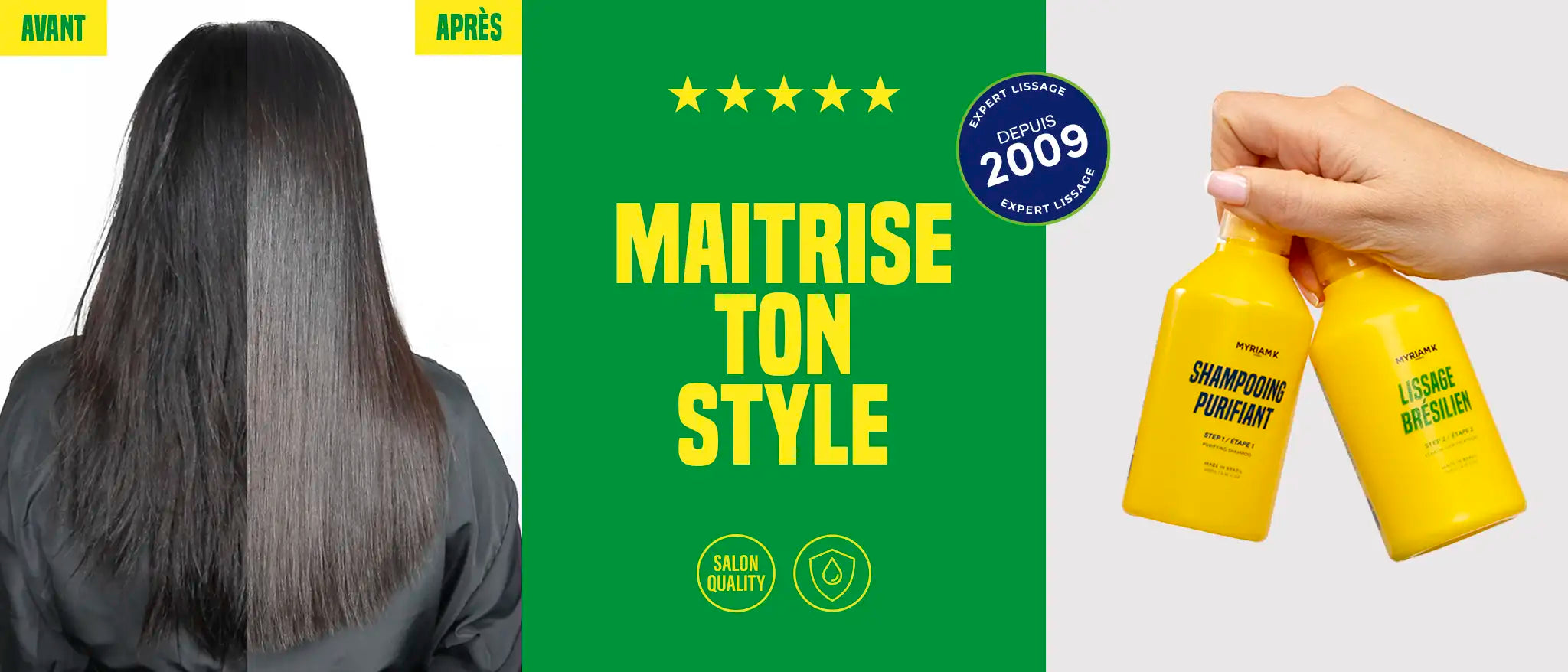 Résultat avant-après du Kit de Lissage Brésilien Myriam•K Paris – cheveux lissés, brillants et sans frisottis après traitement professionnel à la kératine.