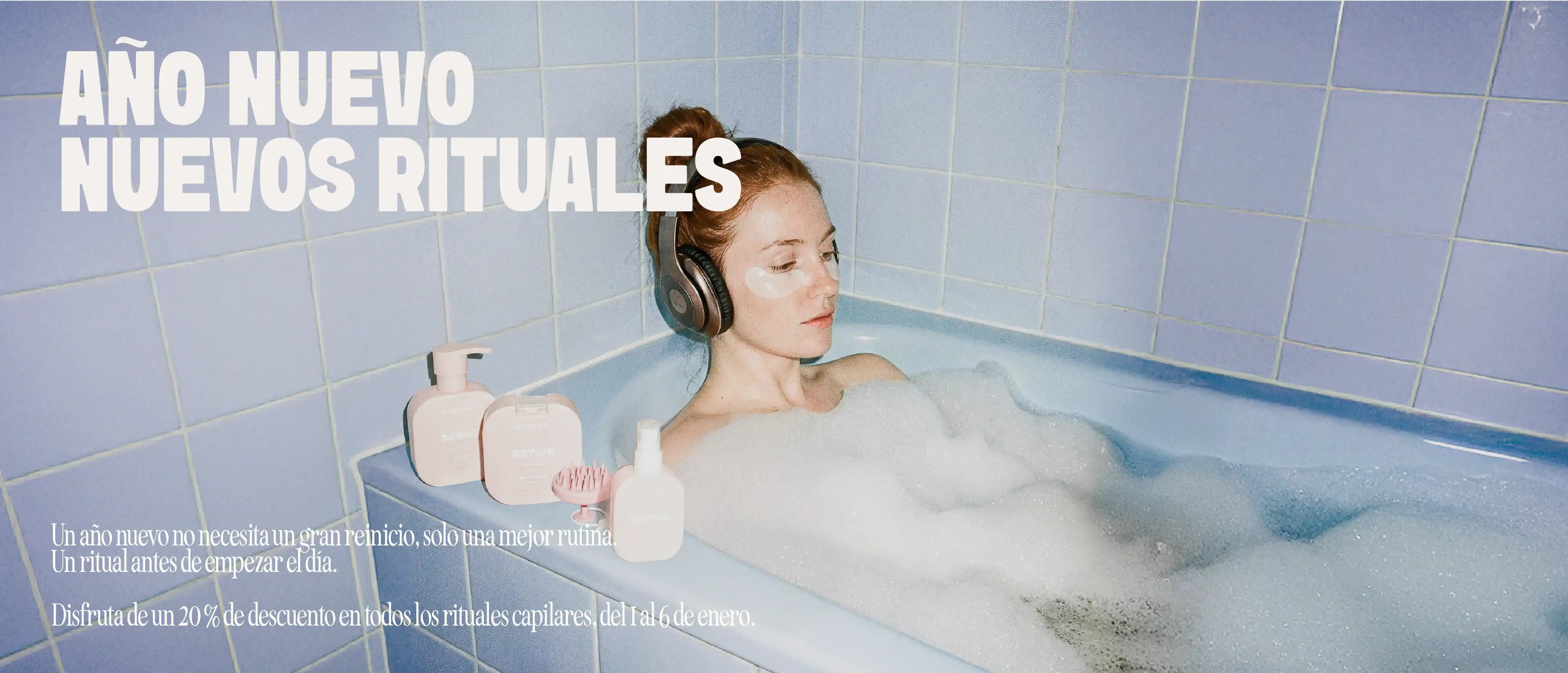 Banner de Myriam•K Paris que muestra un ritual de cuidado capilar relajante en un baño, campaña Año Nuevo Nuevos Rituales con descuento en productos para el cabello.