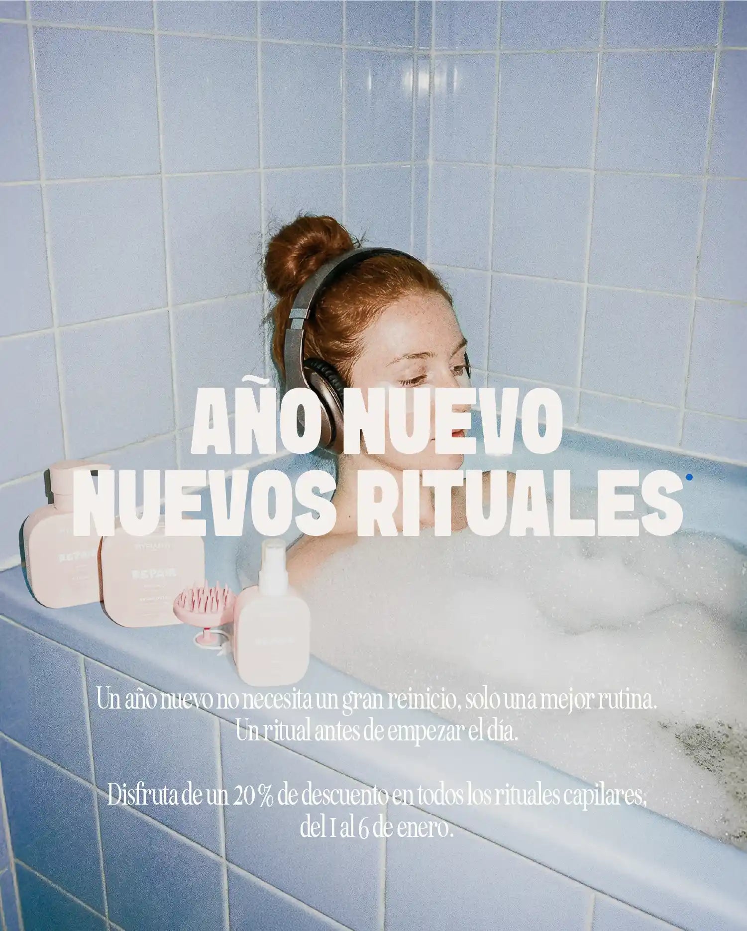 Ritual capilar de Myriam•K Paris para el año nuevo, mujer relajándose en un baño con productos profesionales para el cuidado del cabello.