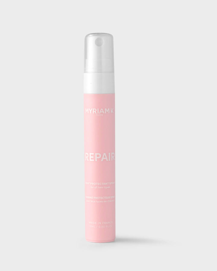 Packshot du Thermo‑Spray Repair 15 ml Myriam K Paris — flacon spray compact, soin sans rinçage à la biotine pour protéger, renforcer et discipliner les cheveux abîmés avant coiffage