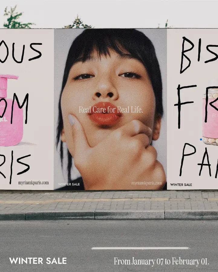 Myriam K Paris Winter Sale mobile banner showcasing professional hair care products and natural beauty models, winter promotion from January 7 to February 1.