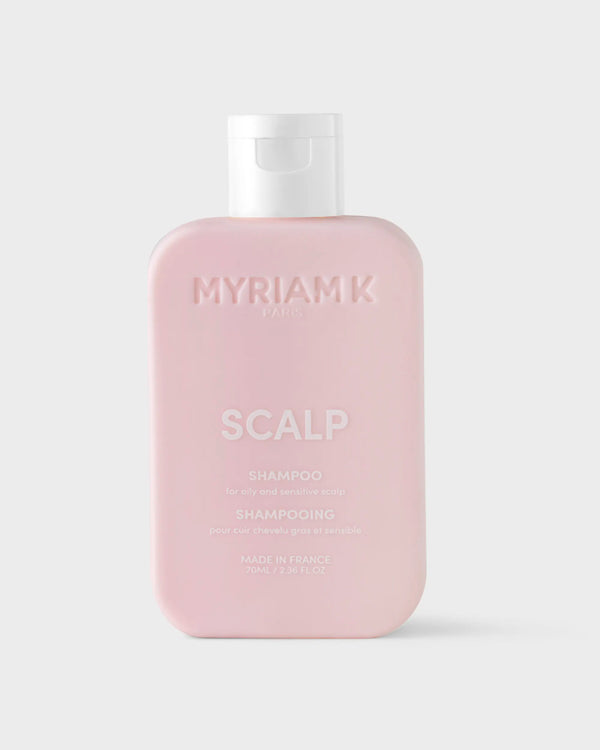 shampooing purifiant Scalp 70 ml Myriam K Paris — flacon élégant rose et blanc, soin cuir chevelu irrité et racines grasses