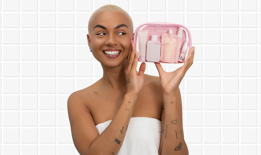 Mini formats Myriam•K pour cheveux : soins réparateurs, hydratants, anti-frizz, volume en format voyage — idéal pour découvrir la gamme ou emporter en déplacement.