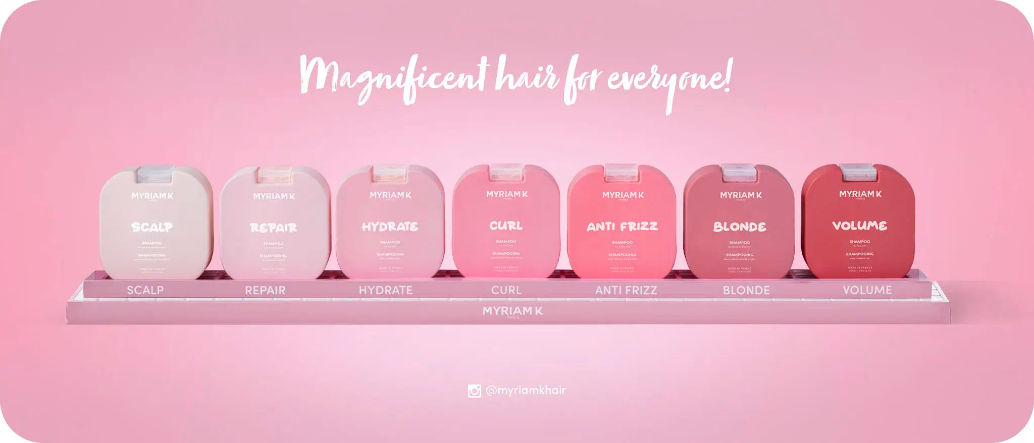 Lineup of the 7 Myriam•K Paris haircare collections – complete range for all hair needs