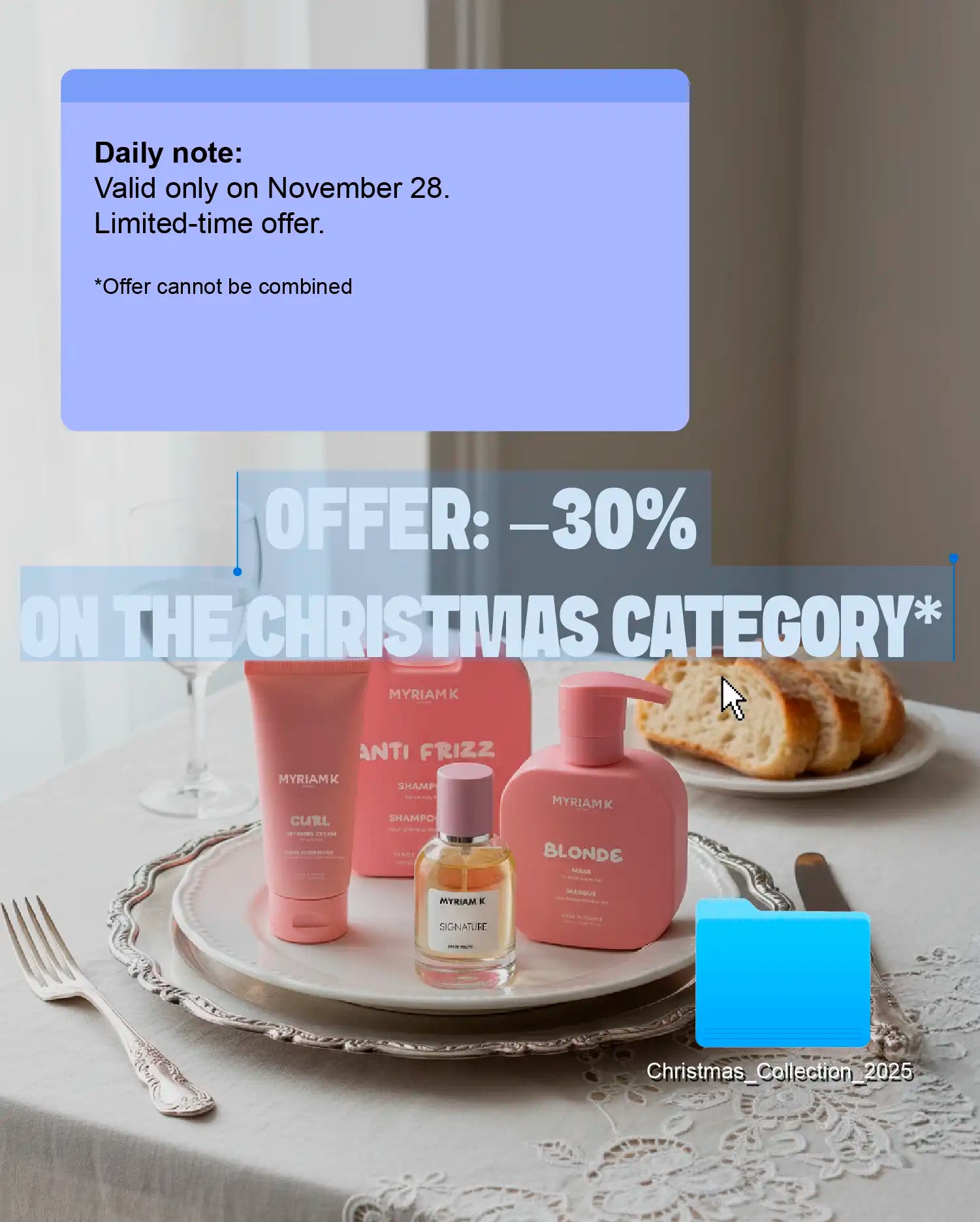 Myriam K Paris Christmas banner showing 30% off the Christmas category with featured haircare products.