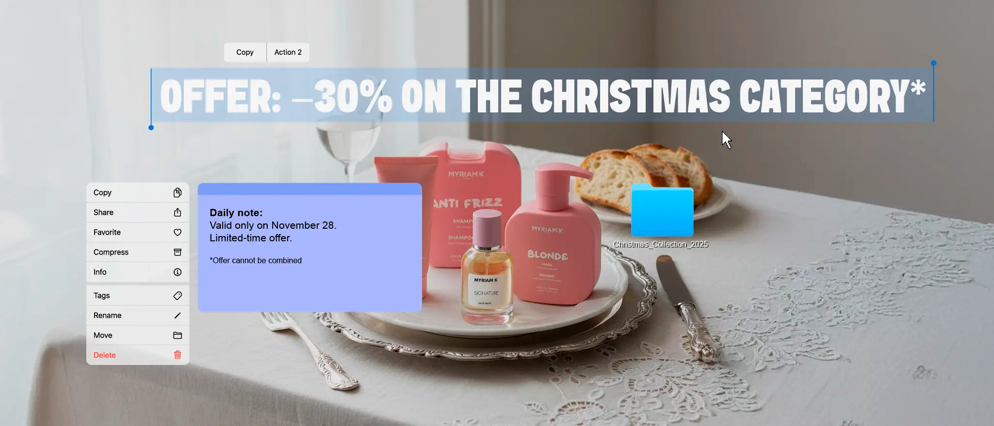 Myriam K Paris Christmas banner showing 30% off the Christmas category with featured haircare products.