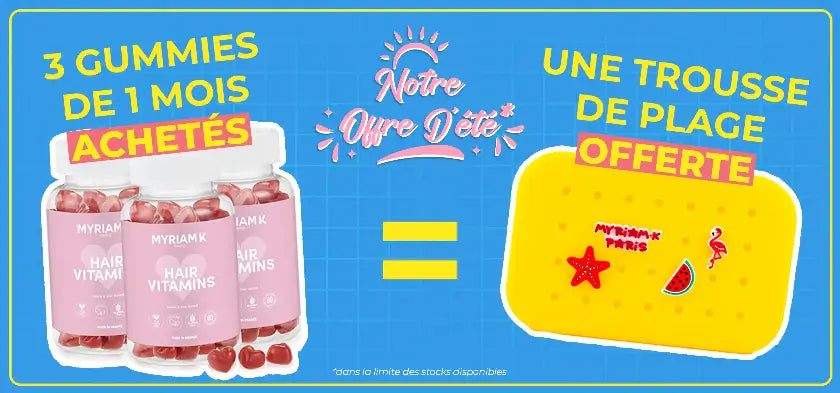 Offre été Myriam•K : 3 flacons de gummies achetés = 1 trousse de plage offerte – Vitamines pour cheveux et accessoires beauté estivaux
