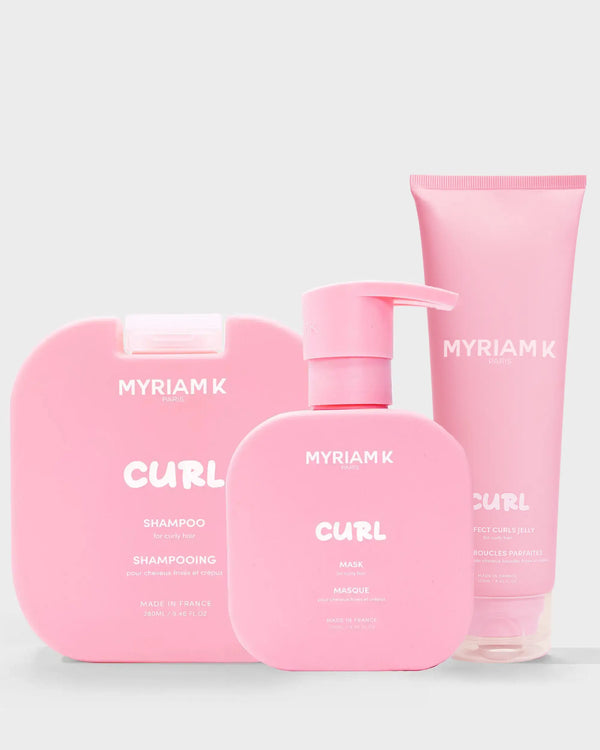 Soins capillaires pour cheveux bouclés Myriam K Paris : shampooing nourrissant, masque hydratant et gelée coiffante de la gamme Curl.