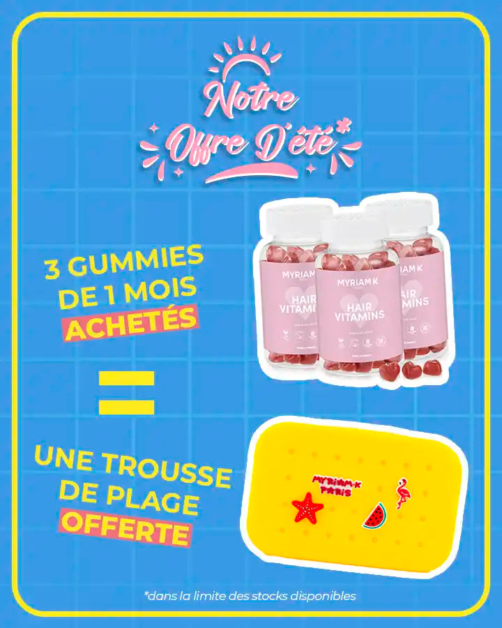 Promotion été Myriam•K : 3 gummies pour la pousse des cheveux achetés, une trousse de plage offerte – Offre limitée