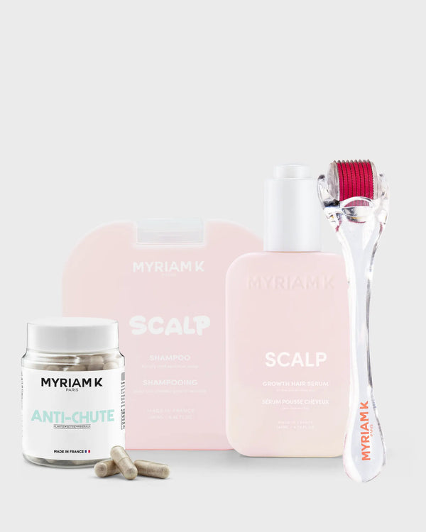 Rituel Anti-Chute Myriam•K Paris – routine complète pour freiner la chute des cheveux et stimuler la pousse. Contient shampoing SCALP, sérum croissance, compléments alimentaires et dermaroller pour un cuir chevelu sain et des cheveux plus forts.
