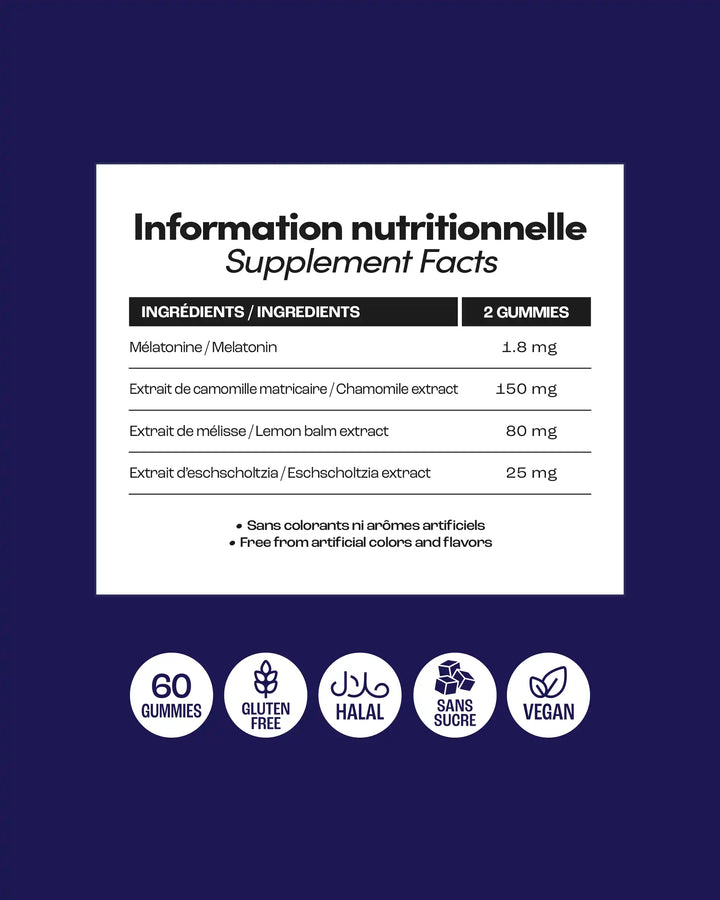 Informations nutritionnelles des Sleep Gummies Myriam•K – tableau des ingrédients (maltitol, camomille, mélisse, eschscholtzia, pectine, arôme naturel, mélatonine), sans sucre, vegan, sans gluten, certifié halal.